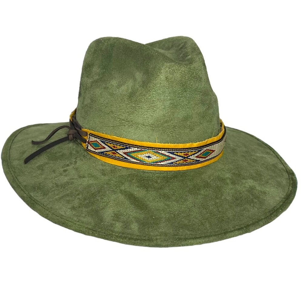 Green Wide Brim Fedora Banded Hat Medium